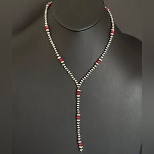 Sterling Silver Red Coral W Pearls Bead Lariat Y Necklace. 26 inch